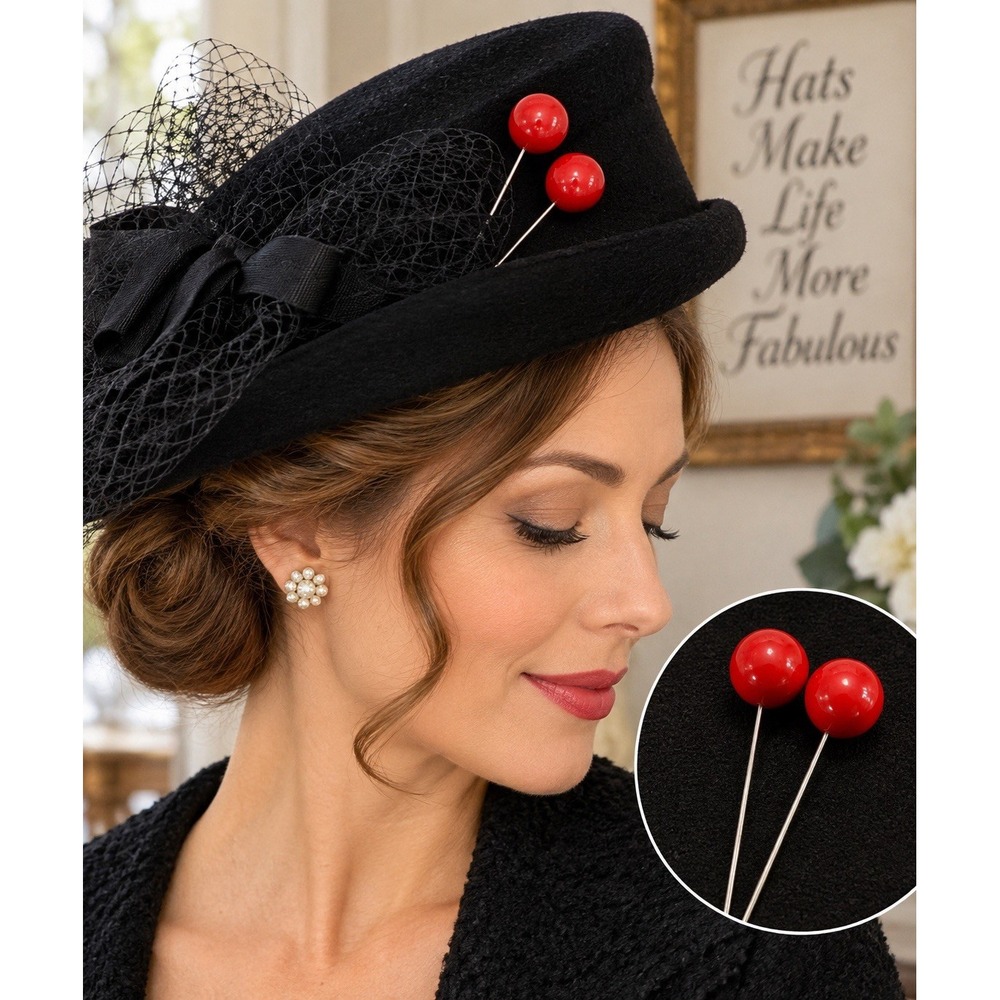 Vintage Red Ball Hat Pins 4" Pair Large Glossy Round Tops Millinery Stick Pins